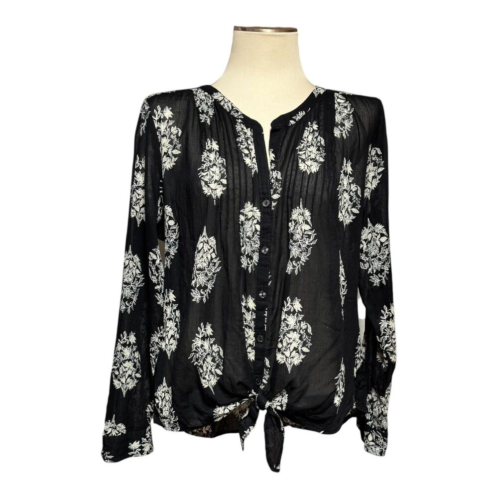 Lucky Brand Sheer Tie Front Button Up Blouse Top Black Cream Floral XL